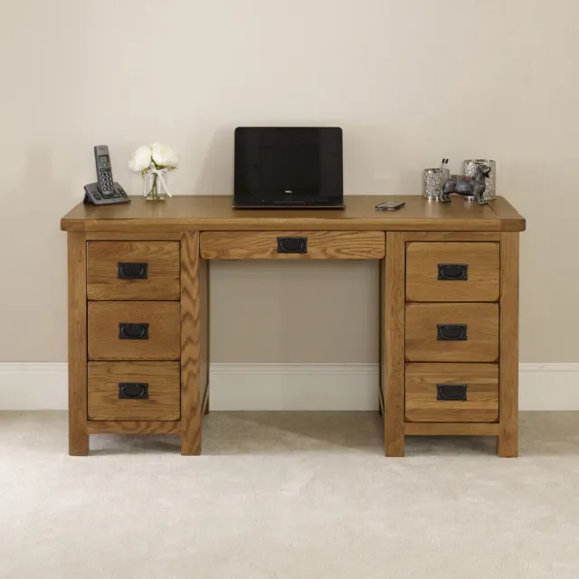 Rustic Oak Large Double Pedestal Computer Desk - Home Office Furniture - RS20