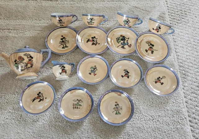 1960 Mickey Minnie Mouse Childs Tea Set Blue Peach Luster Glaze Walt Disney...