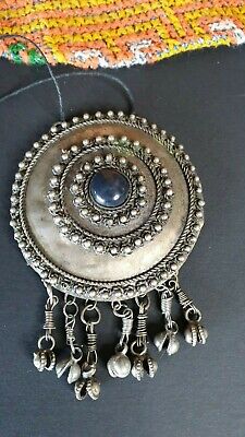 Old Tibetan Tribal Pendant in Local Silver with Blue Stone on Black Cord…