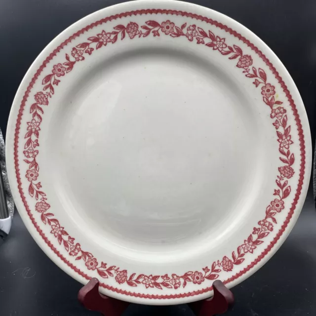 2 vtg  Buffalo China Restaurant Ware 9 1/2" Dinner Plates Red Floral Trim