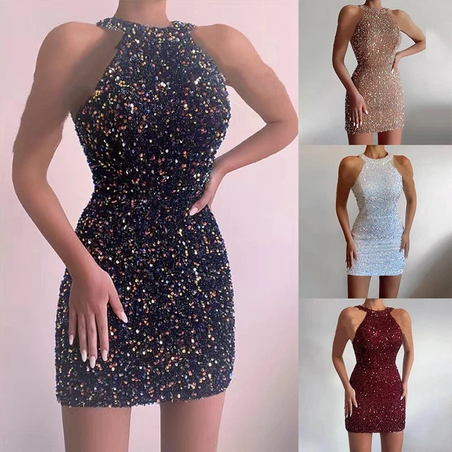 Donna Paillettes Abito Canotta Collo Pacchetto Hip Poliestere 1 Pezzi Cocktail