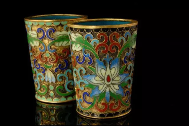 2 Old Chinese Cloisonne Enamel Exotic Flowers Brush Cups Br