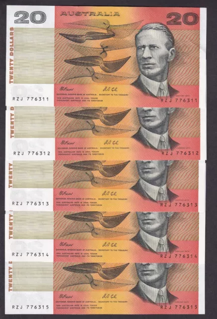 $20 R413 Fraser/Cole Consecutive Run x5 EF Prefix RZJ Australia 1991 Paper Note