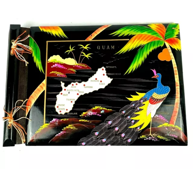 Vintage WWII Era Asian Black Lacquer Photo Album Mother Of Pearl Abalone Guam