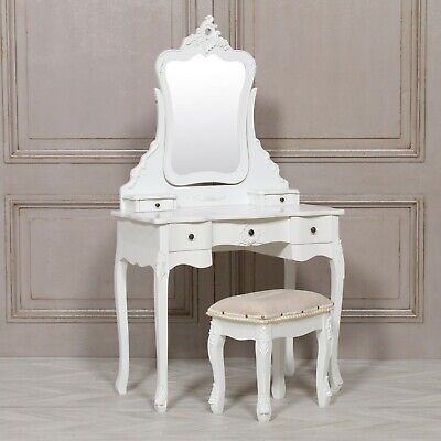 SECONDS French Style Vanity White Dressing Table Makeup Desk Mirror Stool Set 2