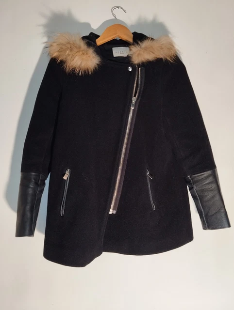 Manteau Sandro Noir - Laine, Cuir Agneau Et Col Fourrure Raton Laveur - Taille 38 - Occasion Luxe