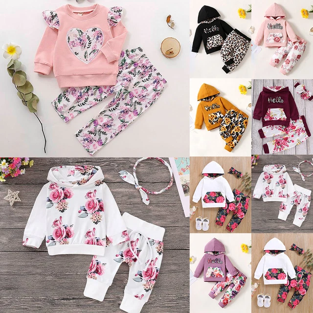 Baby Girls Floral Outfits Hooded Long Sleeve Tops Pants Sets Tracksuits Clothes