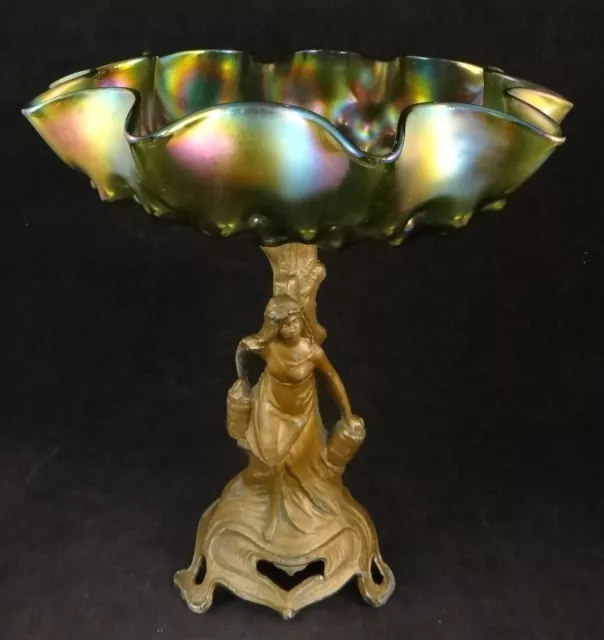 Large Antique Austrian Art Nouveau Art Glass Compote w/Ruffled Rim. 10” t.