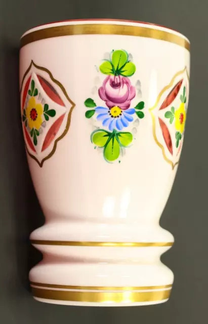 =Ea. 1900's Bohemian Cut to Clear Milk & Pink Cased Glass Vase w. Enameled Roses