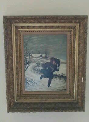 ANTIQUE EARLY 19th CENTURY OIL PAINTING WINTER SCENE SIGN J S S