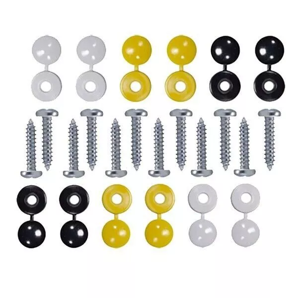 12 x NUMBER PLATE CAR FIXING FITTING KIT SCREWS & CAPS HINGED BLACK YELLOW WHITE