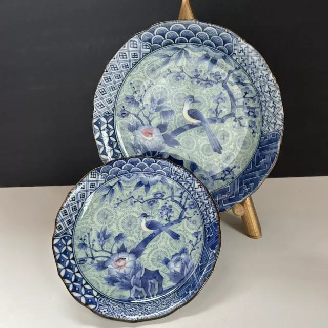 Set of 2 Vintage Porcelain Plate Blue Sage Dish Bird Flower Andrea- Sadek Japan