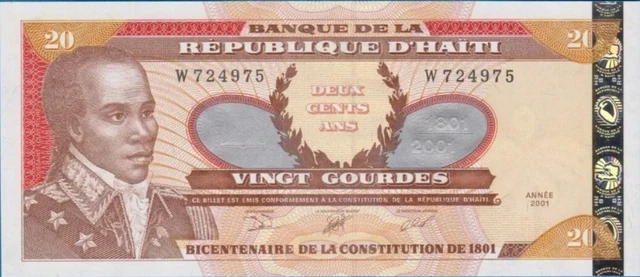 2001 Haiti 20 Gourdes Uncirculated Banknote. 20 Gourdes Currency HTG Bill Notes