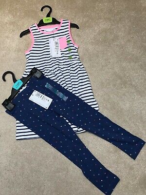 M&S Girls 3-4 Years Top & 4-5 Years Trouser Set Spot & Striped Blue Pink