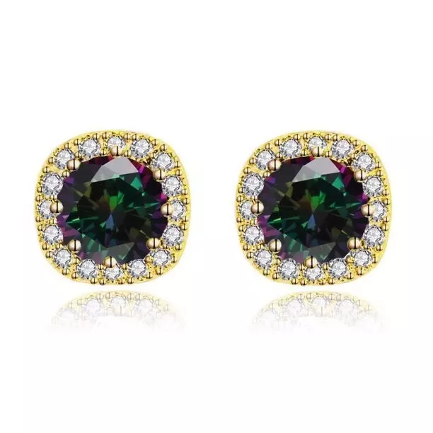 14k Yellow Gold 4Ct Round Created Alexandrite CZ Halo Stud Earrings Plated