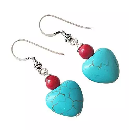 Women's Handmade Turquoise Coral Dangle Drop Earrings 925 Silver FishHooks