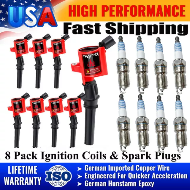 8X Red Ignition Coil Pack and Iridium Spark Plug for Ford F-150 4.6L DG508 SP479