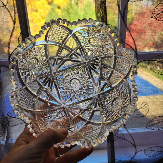 Vintage American Brilliant Cut Glass Bowl Hobstar Crystal sawtooth edge