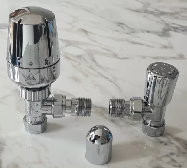 Thermostatic Radiator Valve 15/10/8mm Angled TRV & Lockshield Pack Set CBA & OPA