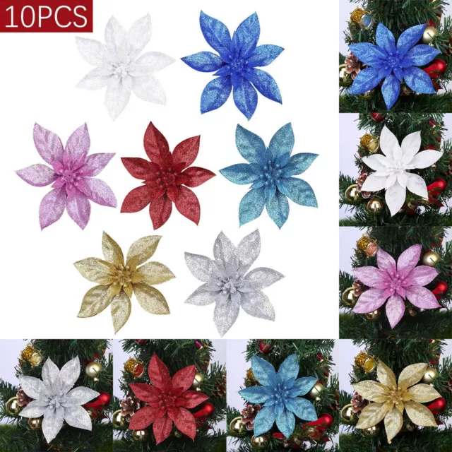 10PC Christmas Poinsettia Glitter Flower Tree Hanging Xmas Tree Party Decoration