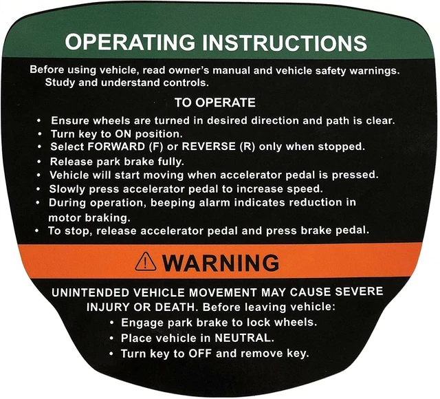 OPERATING INSTRUCTIONS DECAL Club Car Precedent Electric/Gas Golf