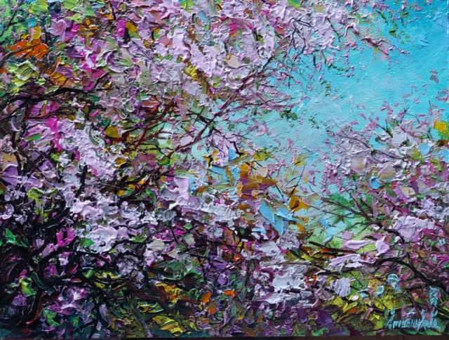 Sakura blossoming oil painting. Pink branches in colorful spring. Vibrant Art