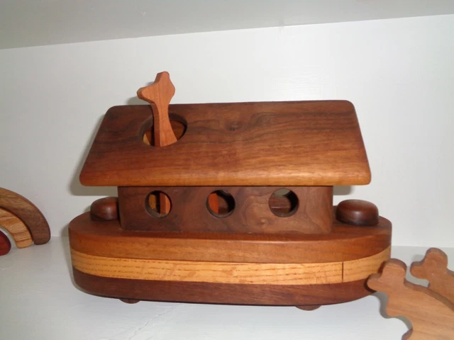 Vintage hard wood Noah's Ark Wooden Handcrafted folk art carved animals
