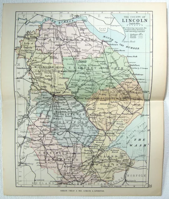 Original Philips 1891 Map of The County of Lincoln, England. Antique