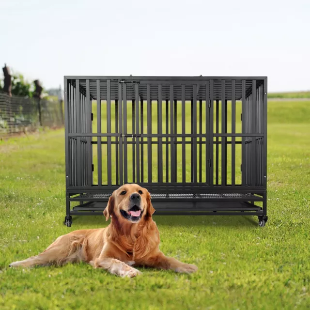 47" Heavy Duty Dog Cage SQUARE TUBE STRONG Pet Crate Kennel Playpen with Wheels