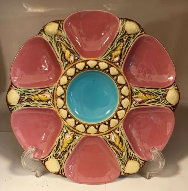 Rare 9" Antique Minton Majolica Oyster Plate - Rose & Turquoise - Shell  Seaweed