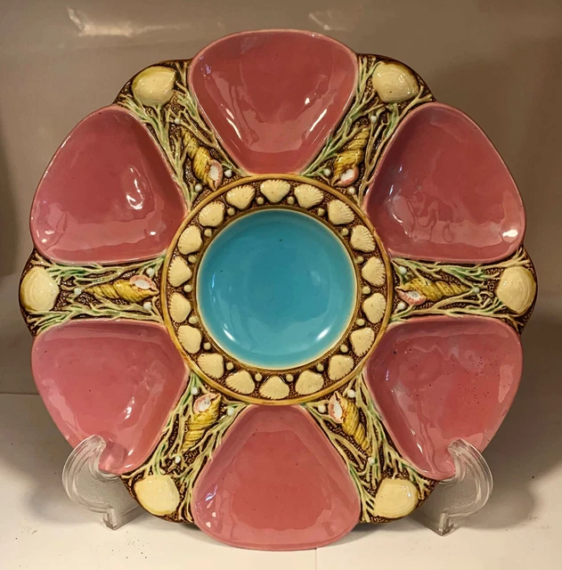 Rare 9" Antique Minton Majolica Oyster Plate - Rose & Turquoise - Shell Seaweed Rare 9" Antique Minton Majolica Oyster Plate - Rose & Turquoise - Shell Seaweed