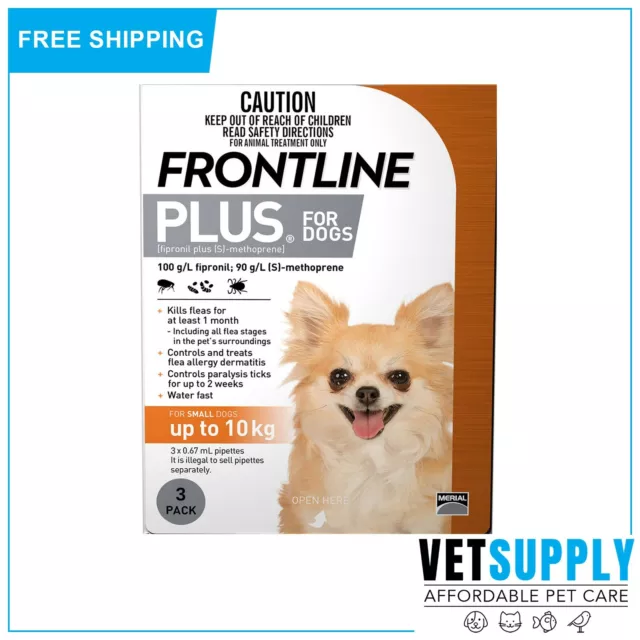 Frontline Plus For Dogs Up To 10 Kg Orange Flea and Tick Treatment 3 Pipettes