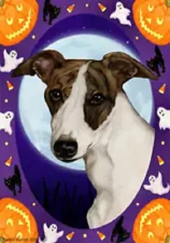 Halloween Garden Flag - Dark Brindle and White Whippet