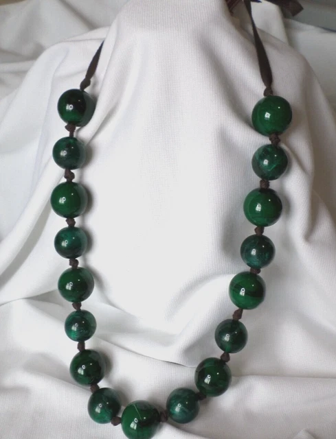 Large 20mm Marbled Green Ceramic Round Bead Brown Ribbon Fashion Necklace