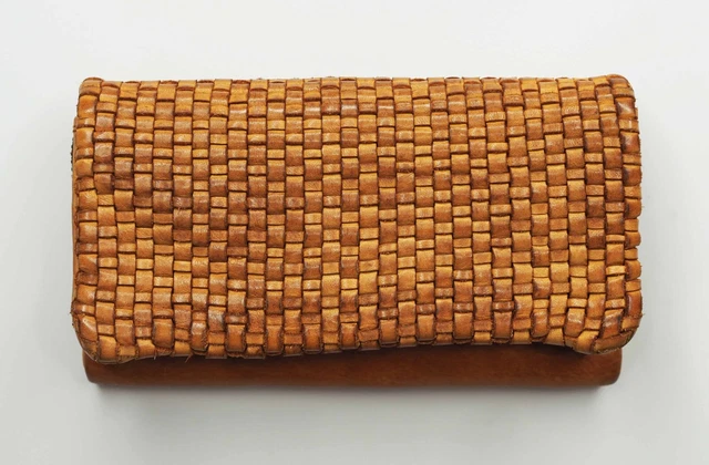 Vintage KANE-M Leather Wallet Woven Leather Honey Cognac Tri Fold Long Card Slot