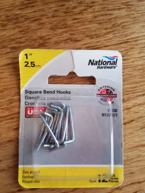 SQUARE BEND HOOKS 1" 12pcs Zinc Plated National Hardware V2030 NEW! Exterior