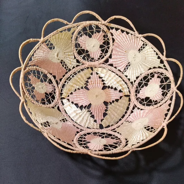 Antique Victorian Woven Wicker Straw Basket Bowl Pink and White