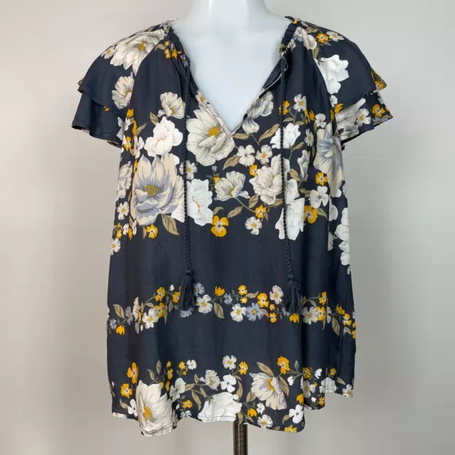 Old Navy Top Medium Gray Yellow Floral Flutter Sleeve Tie-Neck Blouse Womens NWT