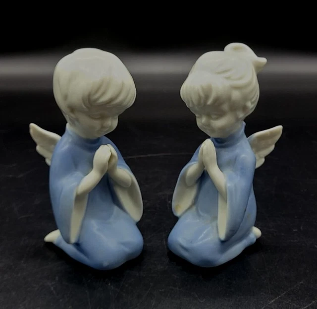 Vintage CCCC Japan Porcelain Hand Painted Blue Girl Boy Kneeling Angel Figurines