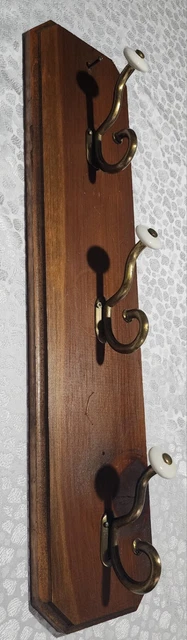 Vintage1940s , wood w/Brass&Porcelain hanger Wall Mounted Vertical Coat Hat Rack