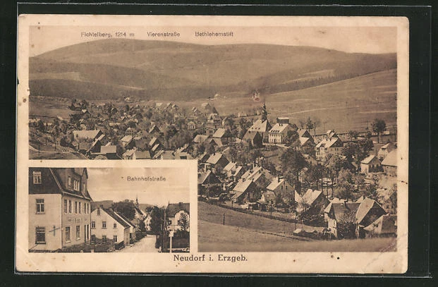 Neudorf i. Erzgeb., Bahnhofstrasse & Totalansicht, Ansichtskarte