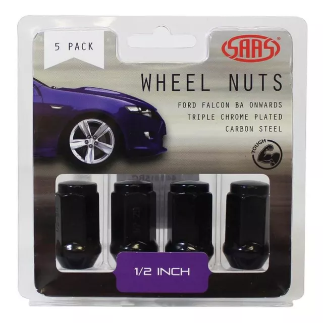 SAAS Wheel Nuts Flat Head Bulge 1/2" Black 40mm (5 Pack) 440915BC