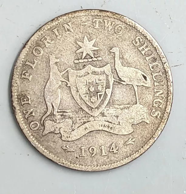 1914 AUSTRALIA Silver Two Shillings FLORIN Coin (#C2001)