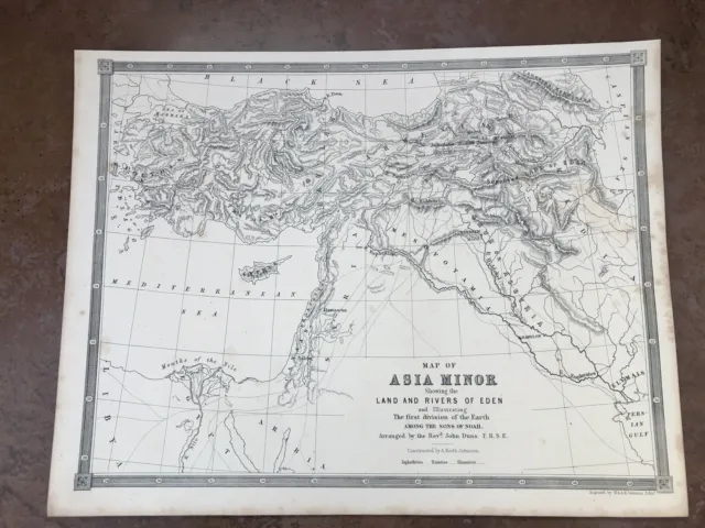 victorian print " map of asia minor - showing land and rivers of eden  "