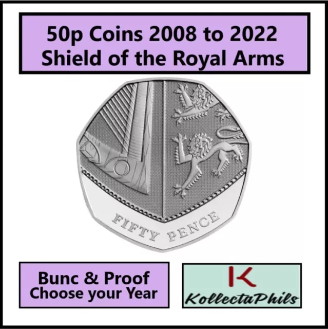 50p Shield Fifty Pence Coin 2008 to 2022 BUNC or PROOF taken from Annual Sets