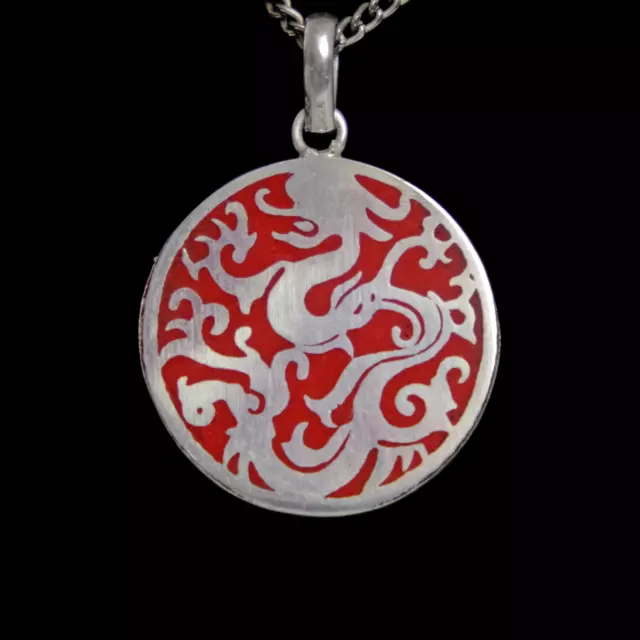 Drachen Amulett Silbern Blau Rot Kette Talisman Anhänger Buddhismus Glück j1|j28