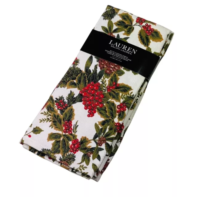 Ralph Lauren Christmas Holly Berry Cotton Oversized Kitchen Towels Set of 2