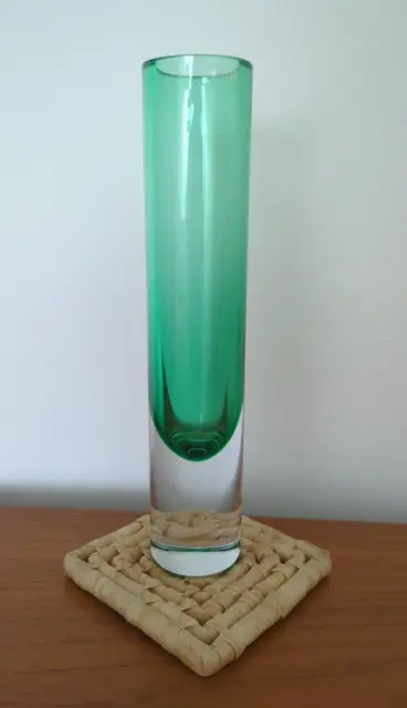 Vintage Mid Century Green Polish Glass Bud Long Tall Vase Krosno Polish 60s 70s
