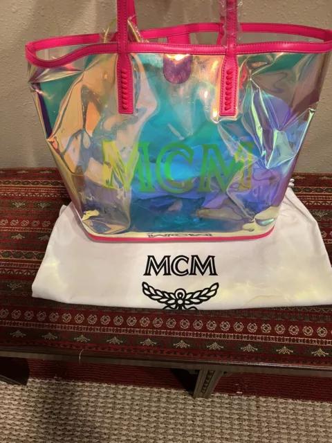 MCM Iridescent PVC Shopper Tote Neon Pink Hologram With Green Pouch