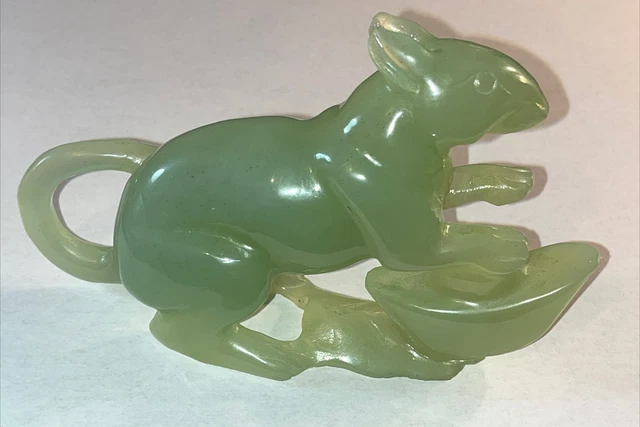 VTG Chinese Jade Carved Rat Mouse Statue Figurine Green Zodiac Lucky Wealth Art